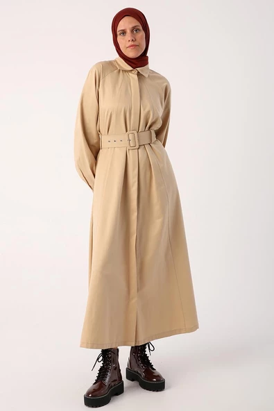 Bej01-Kemerli Gömlek Yaka Elbise - Resim 2