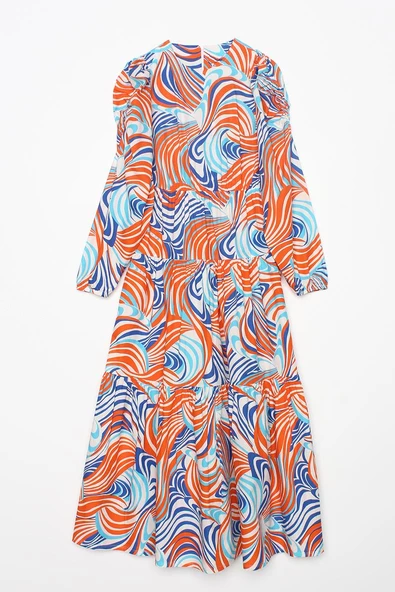 Turuncu-Saks-Kolları Beli Büzgü Detaylı Desenli Fırfırlı Elbise - Resim 8