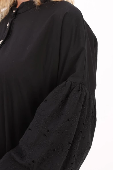 Siyah-Pamuklu Yarım Patlı Fistolu Elbise - Resim 6