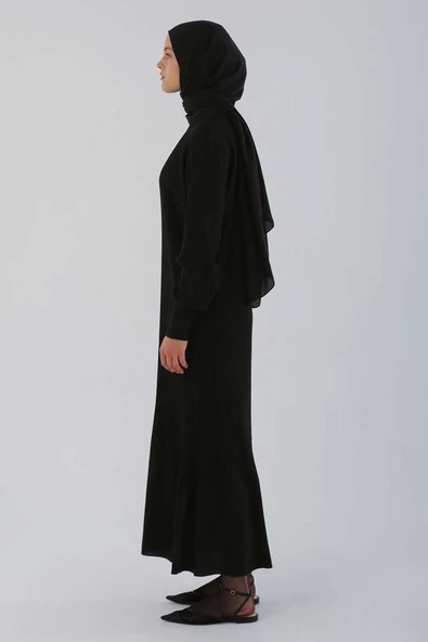 Siyah-Dik Yaka Fitilli Triko Elbise - Resim 3