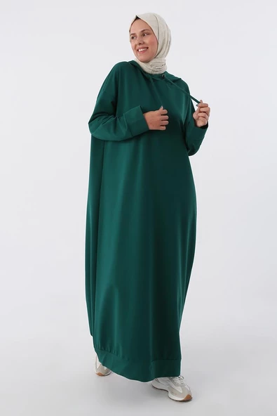 Zümrüt-Büyük Beden Kapüşonlu Basic Örme Elbise - Resim 3
