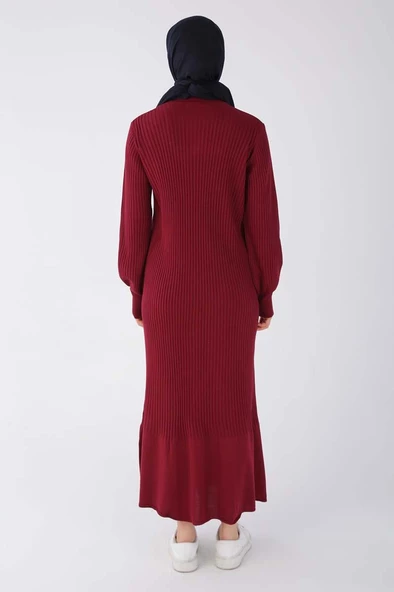 Bordo-Dik Yaka Fitilli Triko Elbise - 4
