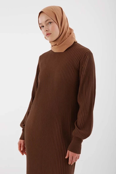 Taba-Dik Yaka Fitilli Triko Elbise - Resim 5