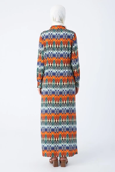 Turuncu-Saks-Pensli Desenli Viskon Gömlek Elbise - 4