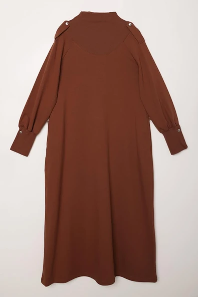 Kahve-Kolları Düğmeli Apoletli Elbise - 7