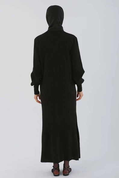 Siyah-Dik Yaka Fitilli Triko Elbise - Resim 4