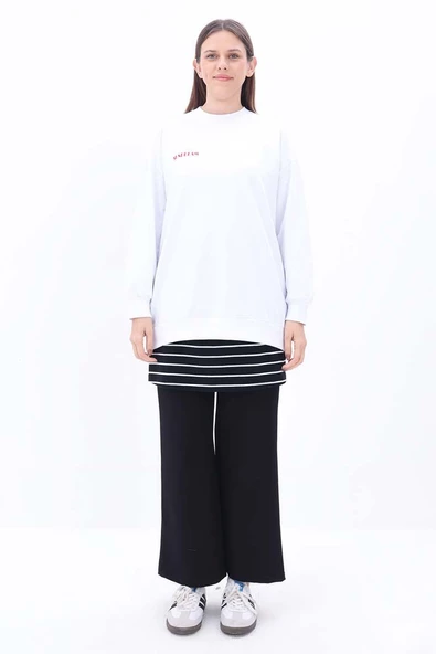 Siyah-Ekru-Pamuklu Çizgili İçlik Gömlek Etek - 3