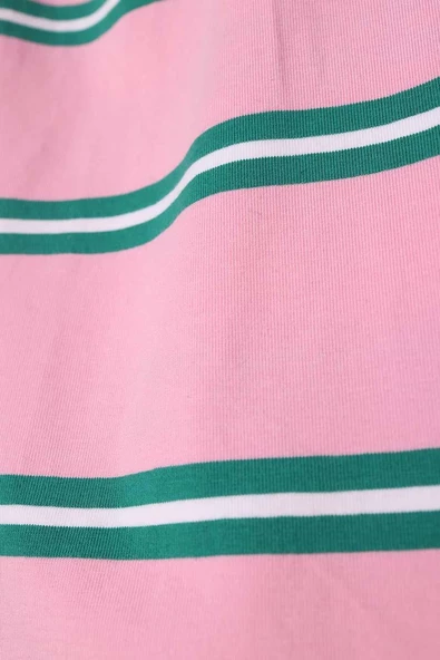 Pembe-Yeşil-Pamuklu Çizgili İçlik Gömlek Etek - 4