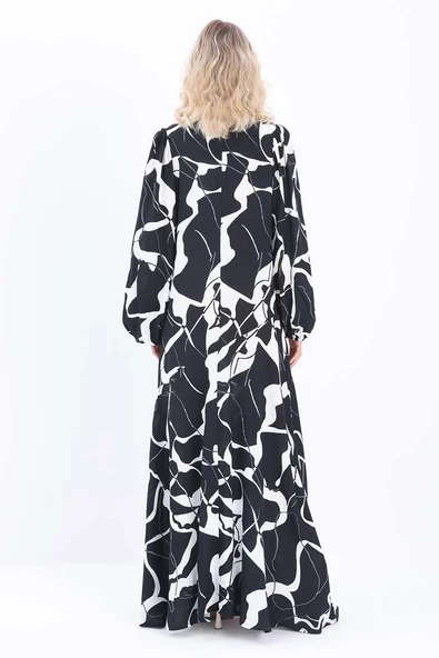 Siyah-Beyaz-Gri-Kolu Büzgülü Desenli Elbise - Resim 4