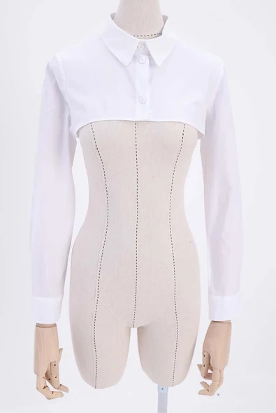 Beyaz-%100 Pamuklu Gömlek Yaka Düğmeli Crop İçlik - Resim 2