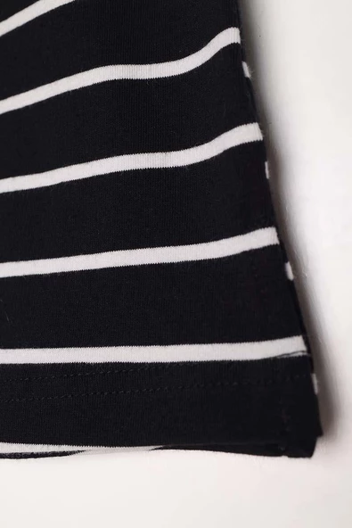 Siyah-Ekru-Pamuklu Çizgili İçlik Gömlek Etek - 4