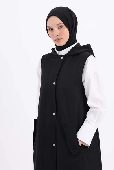 Siyah-Kapüşonlu Çıtçıtlı Yelek - 5