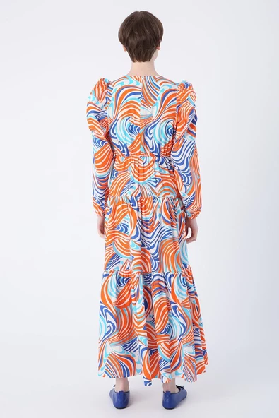 Turuncu-Saks-Kolları Beli Büzgü Detaylı Desenli Fırfırlı Elbise - Resim 4