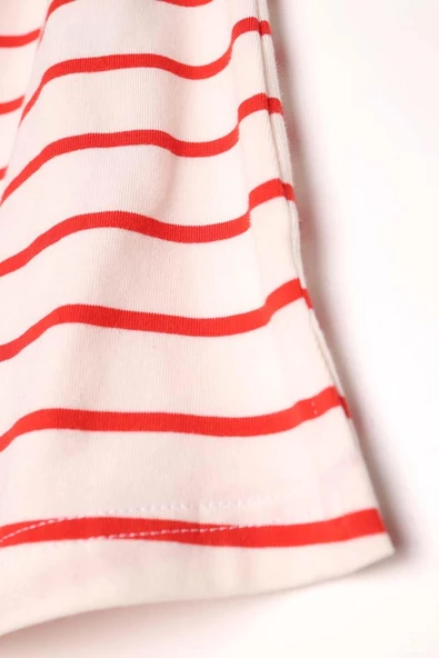 Ekru-Kırmızı-Pamuklu Çizgili İçlik Gömlek Etek - 4