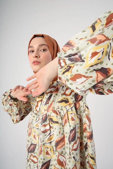 Su Yeşili-Kahve-Yakası Fularlı Emprime Desen Işıltılı Elbise
