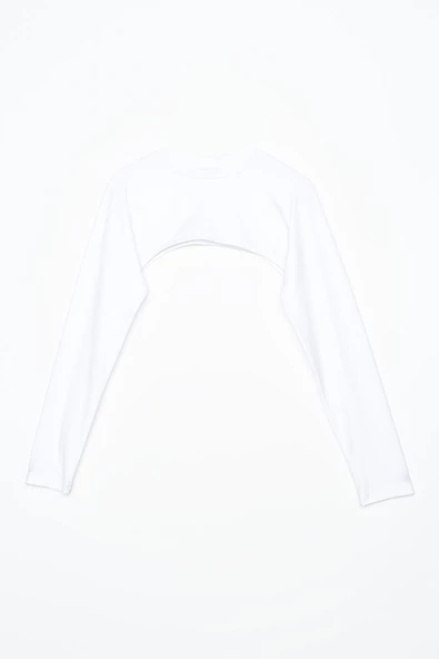 Beyaz-Pamuklu Uzun Kollu Dik Yaka Likralı Crop İçlik - Resim 4