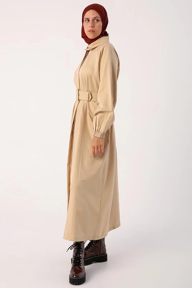 Bej01-Kemerli Gömlek Yaka Elbise - Resim 3