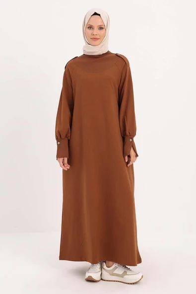 Kahve-Kolları Düğmeli Apoletli Elbise - 2
