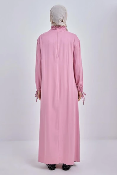 Açık Gül-Yakası Ve Robası Fırfırlı Fermuar Kapamalı Viskon Elbise - Resim 4