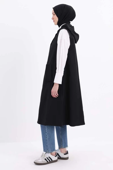 Siyah-Kapüşonlu Çıtçıtlı Yelek - 3