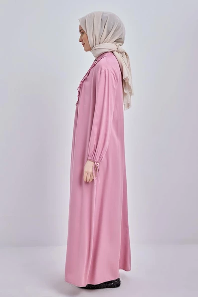 Açık Gül-Yakası Ve Robası Fırfırlı Fermuar Kapamalı Viskon Elbise - Resim 3