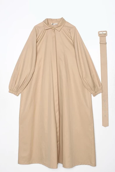 Bej01-Kemerli Gömlek Yaka Elbise - Resim 6