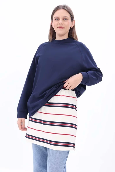 Kırmızı-Ekru-Pamuklu Çizgili İçlik Gömlek Etek