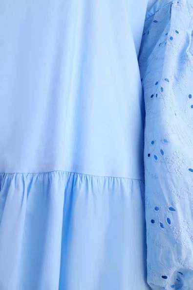 Mavi-Pamuklu Yarım Patlı Fistolu Elbise - Resim 8