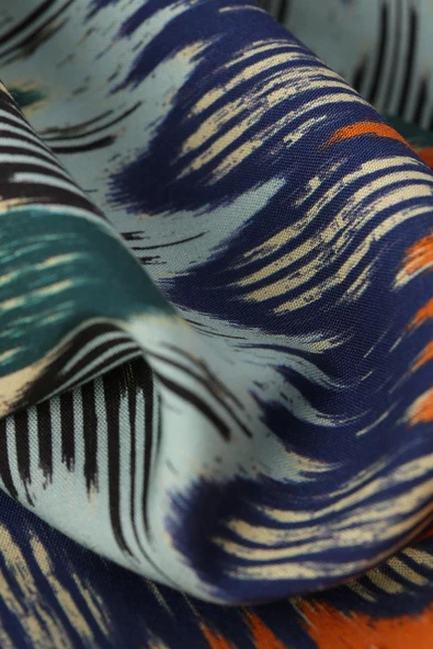 Turuncu-Saks-Pensli Desenli Viskon Gömlek Elbise - 7