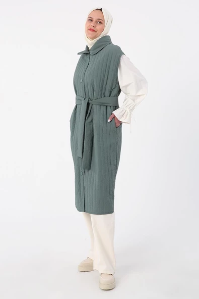 Küf Yeşili-Oversize Çıtçıtlı Dikey Çizgi Uzun Kapitone Yelek - 3