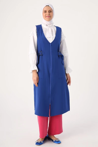 Saks-Yanları Tokalı Fermuarlı V Yaka Yelek - 2