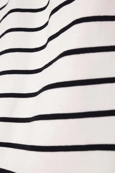 Ekru-Siyah-Pamuklu Çizgili İçlik Gömlek Etek - 5