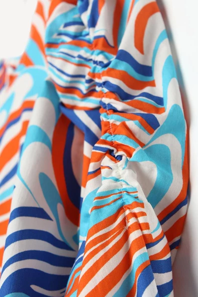 Turuncu-Saks-Kolları Beli Büzgü Detaylı Desenli Fırfırlı Elbise - Resim 6