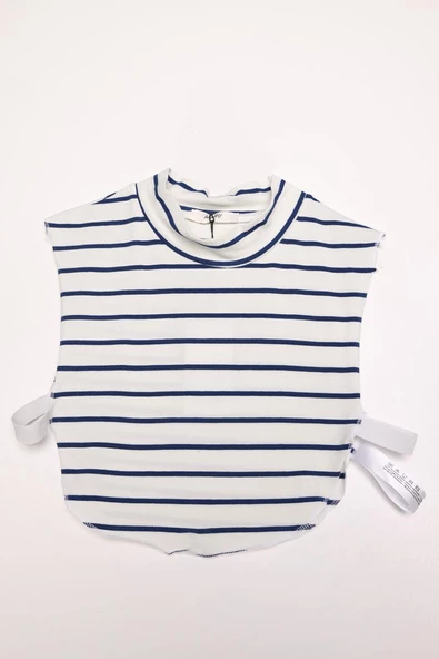 Lacivert-Ekru-Pamuklu Çizgili Sıfır Kol Likralı Crop İçlik - Resim 4