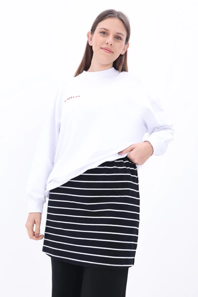 Siyah-Ekru-Pamuklu Çizgili İçlik Gömlek Etek - 2