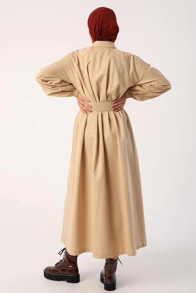 Bej01-Kemerli Gömlek Yaka Elbise - Resim 4