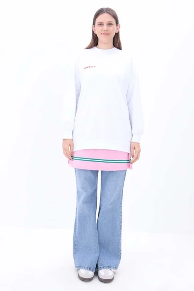 Pembe-Yeşil-Pamuklu Çizgili İçlik Gömlek Etek - 2