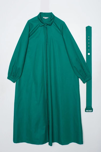 Zümrüt-Kemerli Gömlek Yaka Elbise - Resim 6