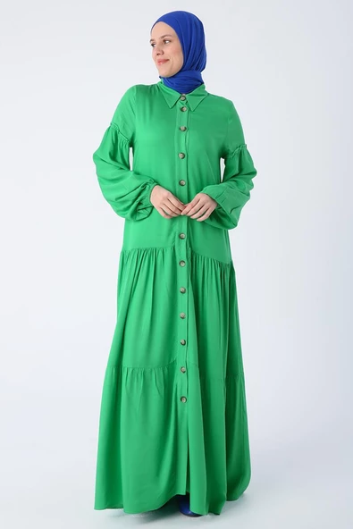 Çimen Yeşili-%100 Viskon Eteği Ve Kolları Fırfırlı Gömlek Elbise - 3