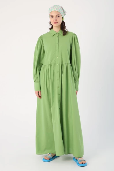 Açık Yeşil-%100 Pamuk Büzgülü Gömlek Elbise - Resim 2