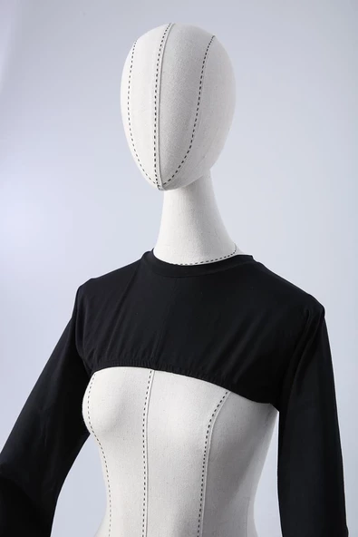 Siyah-Pamuklu Uzun Kollu Dik Yaka Likralı Crop İçlik - Resim 2