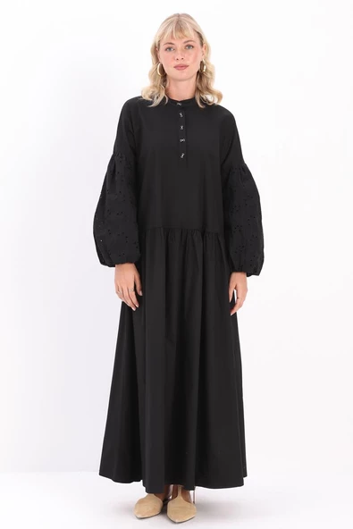 Siyah-Pamuklu Yarım Patlı Fistolu Elbise - Resim 2