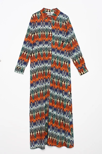 Turuncu-Saks-Pensli Desenli Viskon Gömlek Elbise - 6