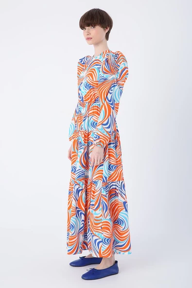 Turuncu-Saks-Kolları Beli Büzgü Detaylı Desenli Fırfırlı Elbise - Resim 3