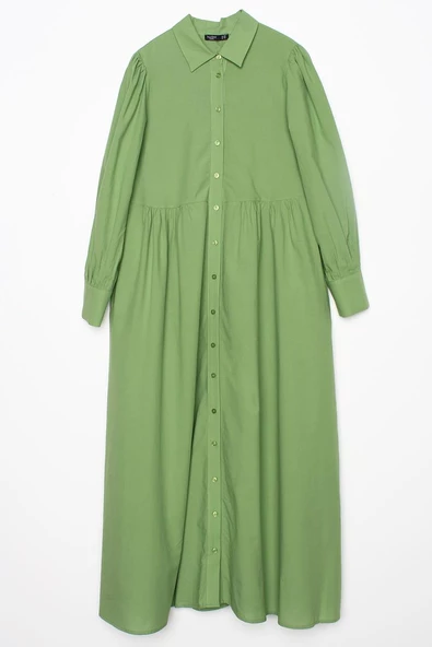 Açık Yeşil-%100 Pamuk Büzgülü Gömlek Elbise - Resim 8