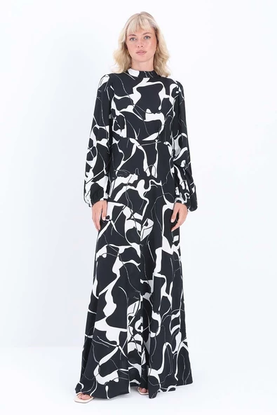 Siyah-Beyaz-Gri-Kolu Büzgülü Desenli Elbise - Resim 2