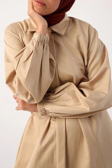 Bej01-Kemerli Gömlek Yaka Elbise - Resim 5