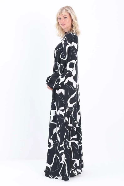 Siyah-Beyaz-Gri-Kolu Büzgülü Desenli Elbise - Resim 3