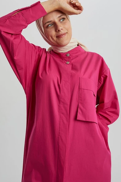Koyu Pembe-Hakim Yaka Tek Cepli Uzun Gömlek