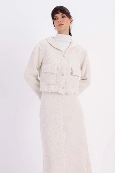 Beyaz-Taşlı Düğmeli Cepli Tüvit Etekli Takım - Resim 6